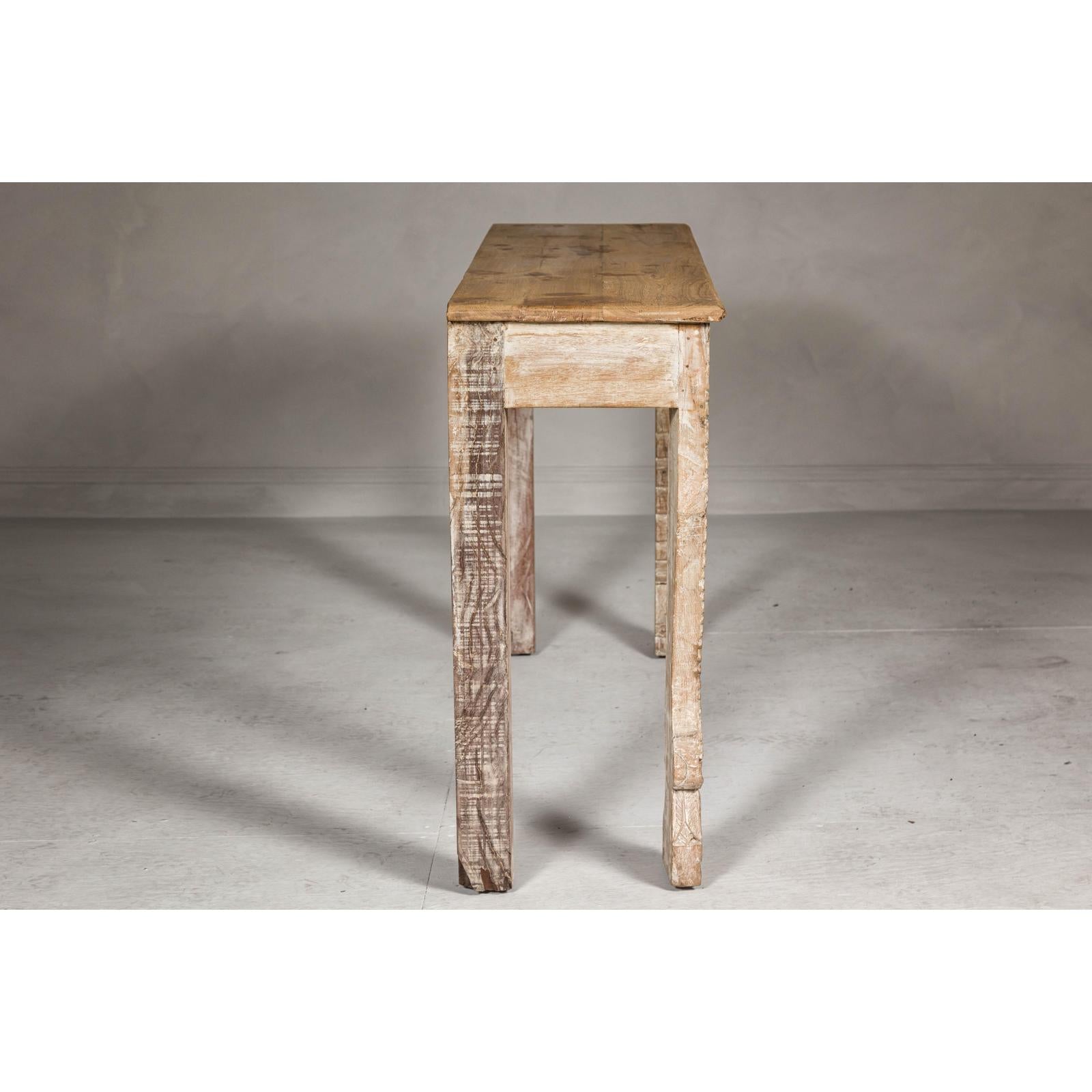 Mughal Style Whitewash Console Table with Foliage Carved Apron and Legs