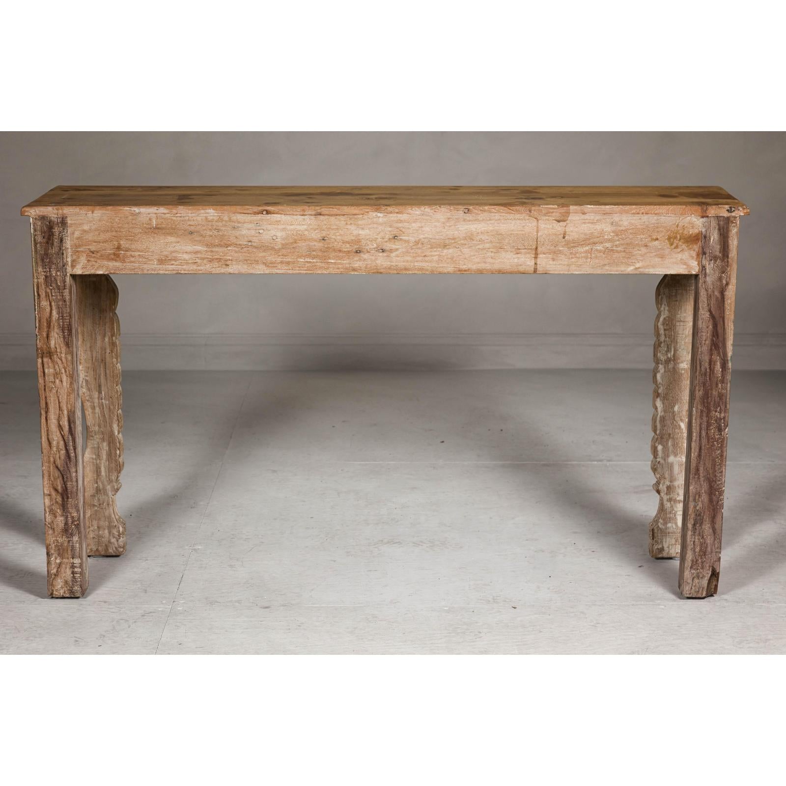 Mughal Style Whitewash Console Table with Foliage Carved Apron and Legs