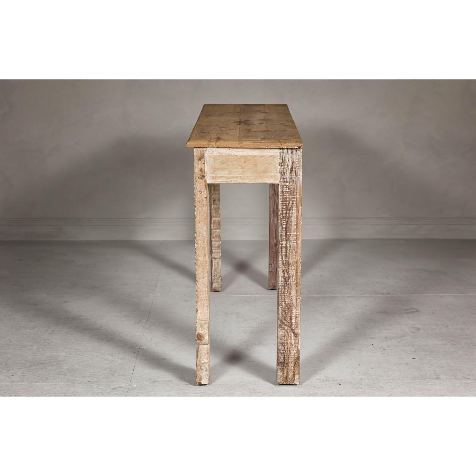 Mughal Style Whitewash Console Table with Foliage Carved Apron and Legs