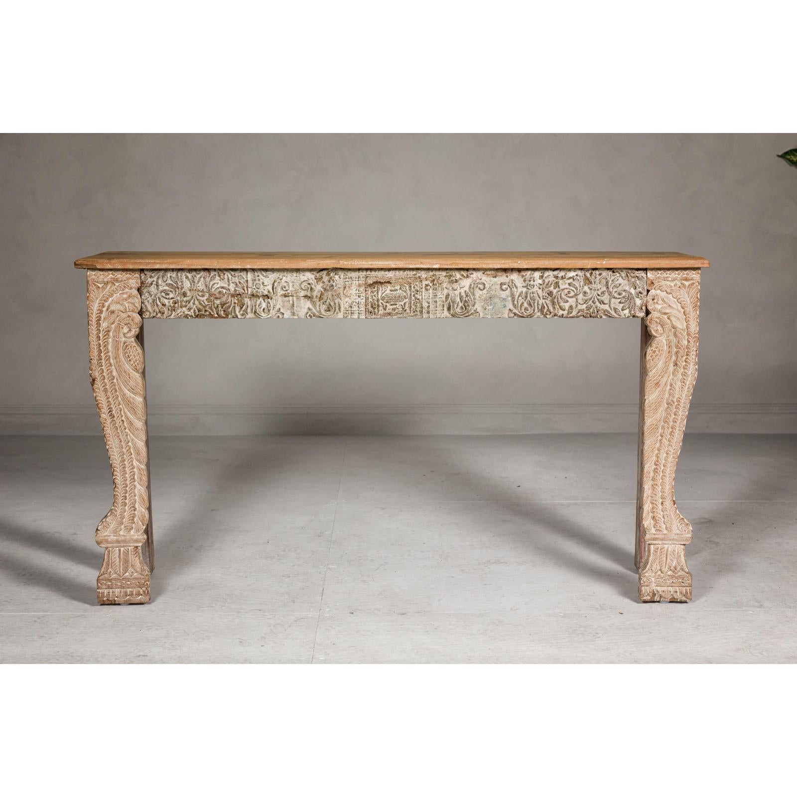 Mughal Style Whitewash Console Table with Foliage Carved Apron and Legs