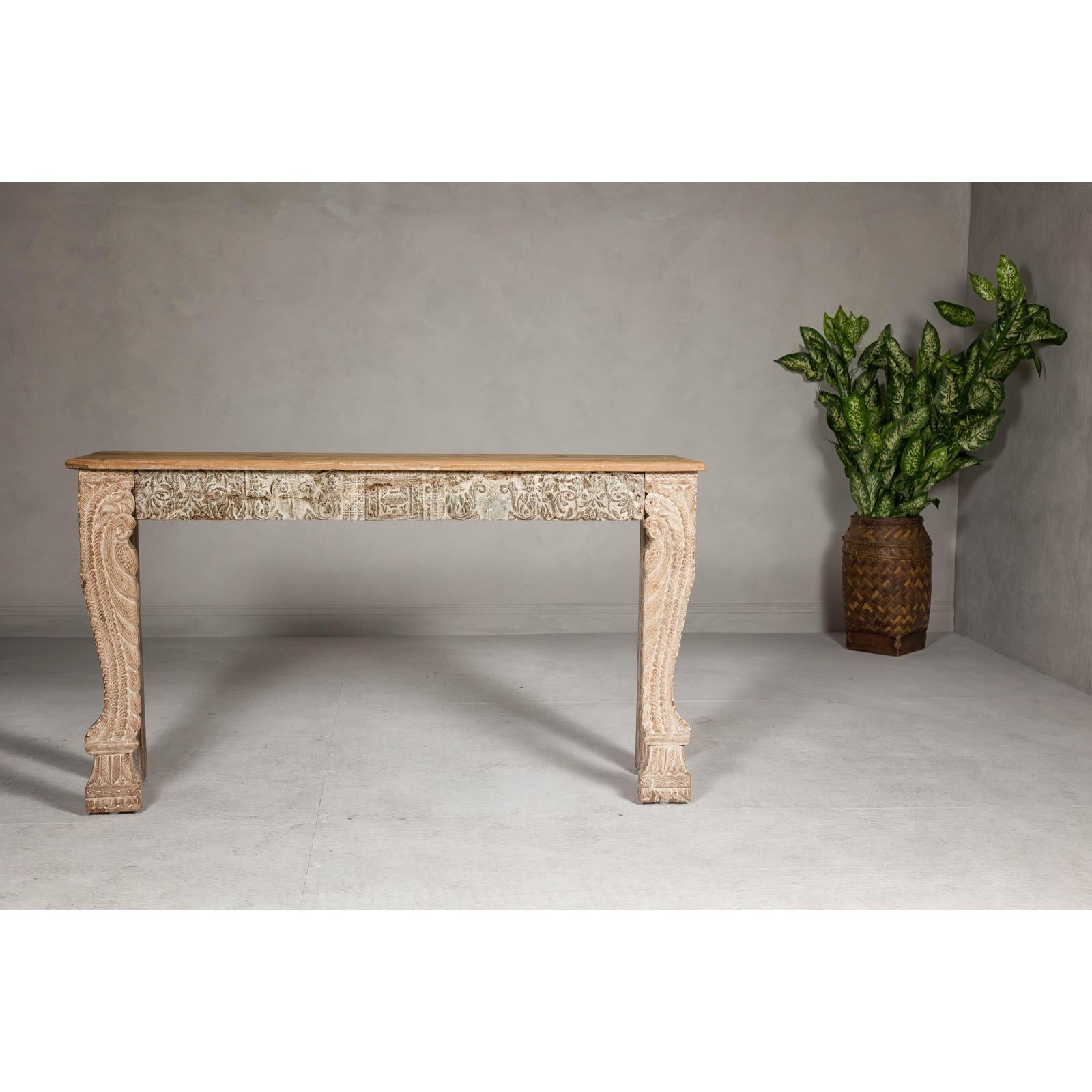 Mughal Style Whitewash Console Table with Foliage Carved Apron and Legs