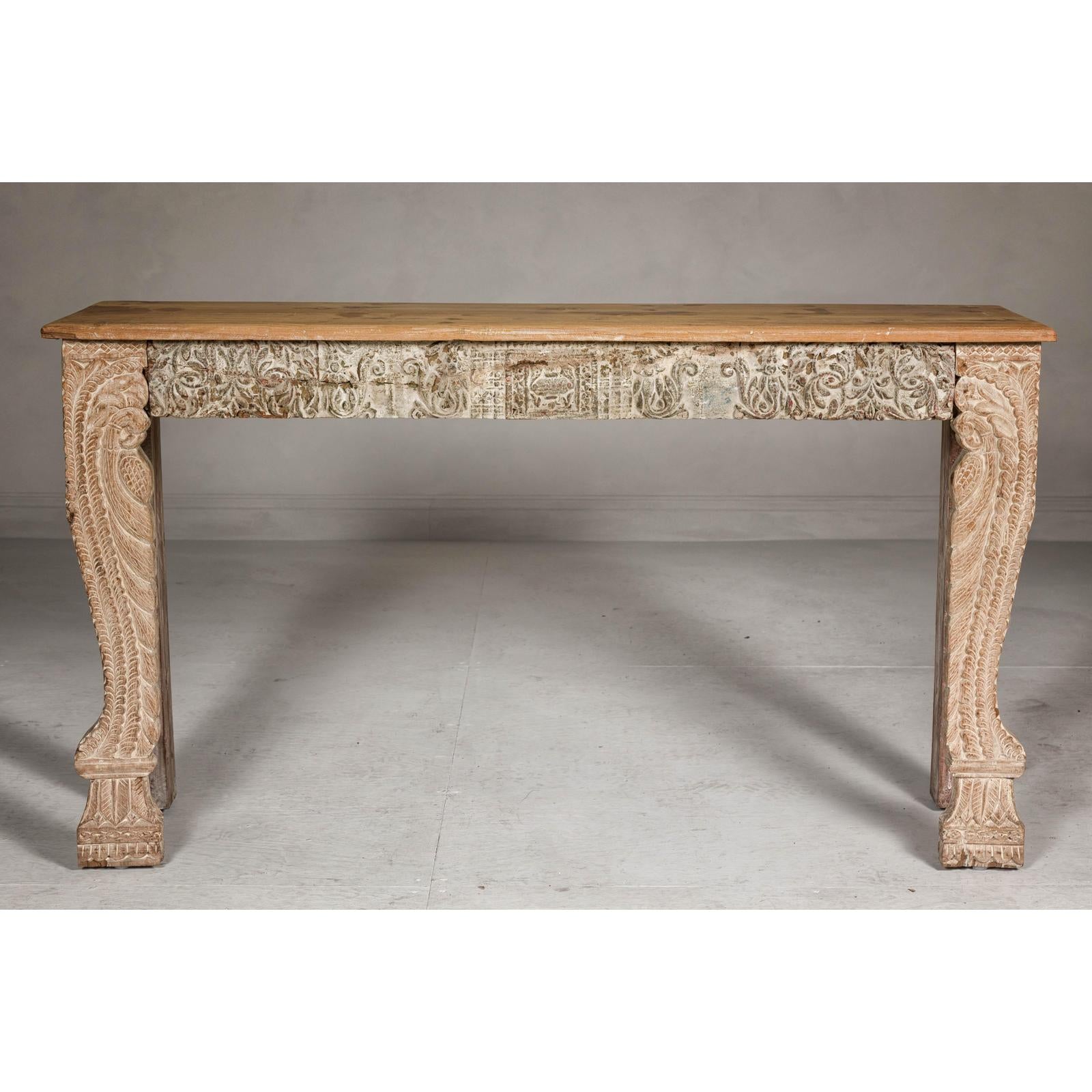 Mughal Style Whitewash Console Table with Foliage Carved Apron and Legs