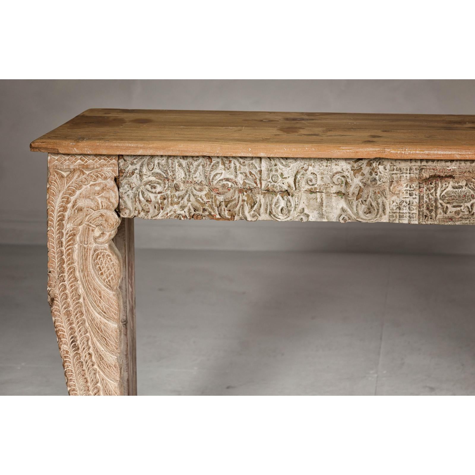 Mughal Style Whitewash Console Table with Foliage Carved Apron and Legs