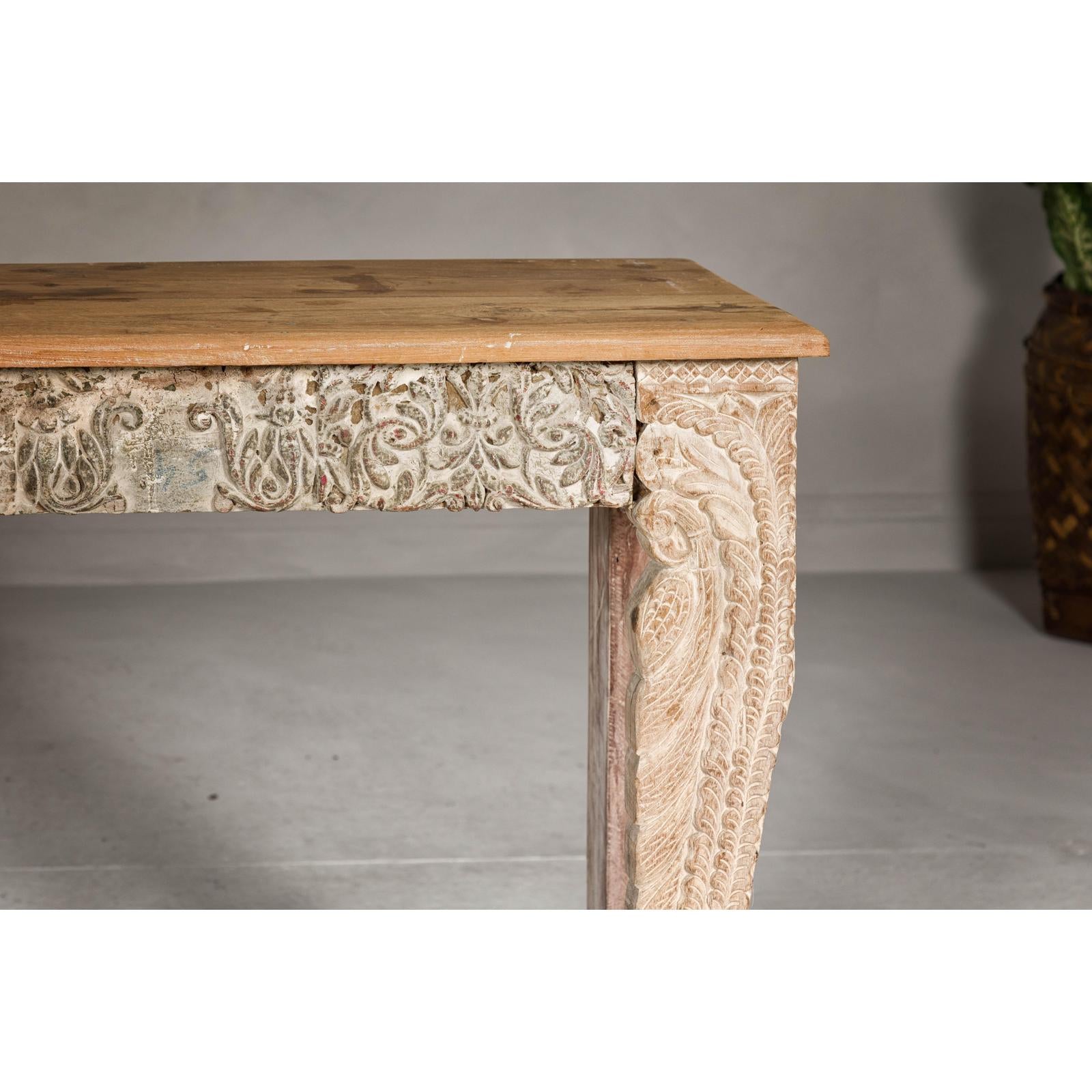 Mughal Style Whitewash Console Table with Foliage Carved Apron and Legs