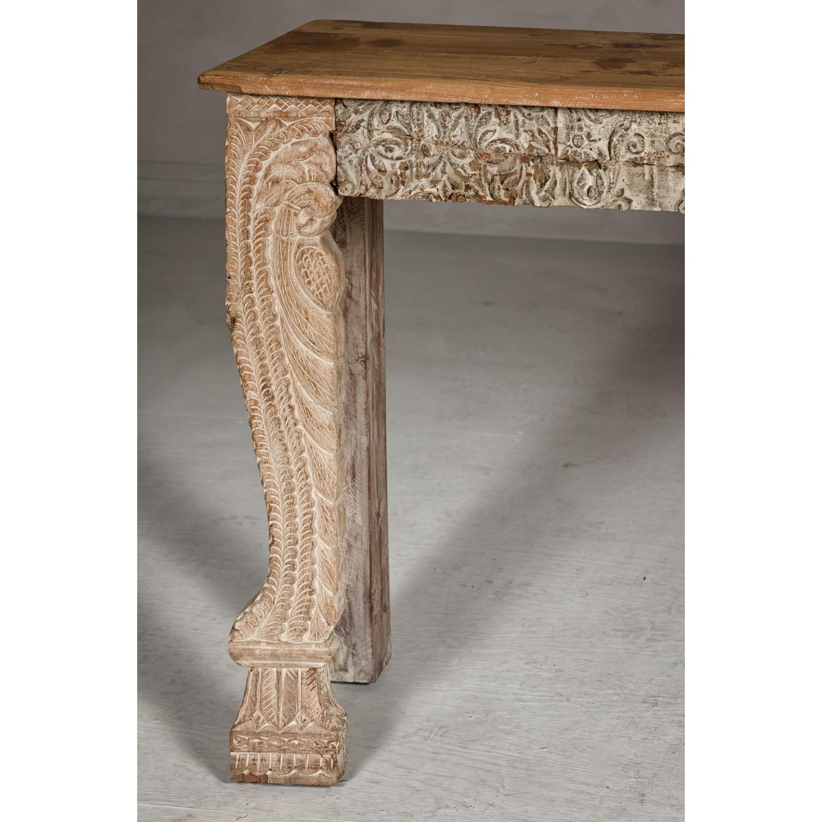 Mughal Style Whitewash Console Table with Foliage Carved Apron and Legs