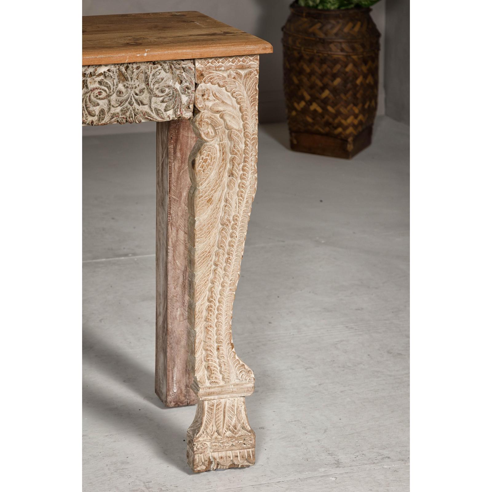 Mughal Style Whitewash Console Table with Foliage Carved Apron and Legs