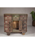 Indian Antique Carved Wooden Damachiya Dowry Cabinet on Wheels with Polychromy