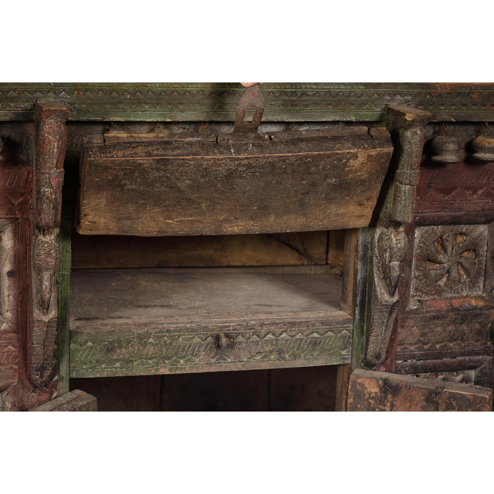 Indian Antique Carved Wooden Damachiya Dowry Cabinet on Wheels with Polychromy