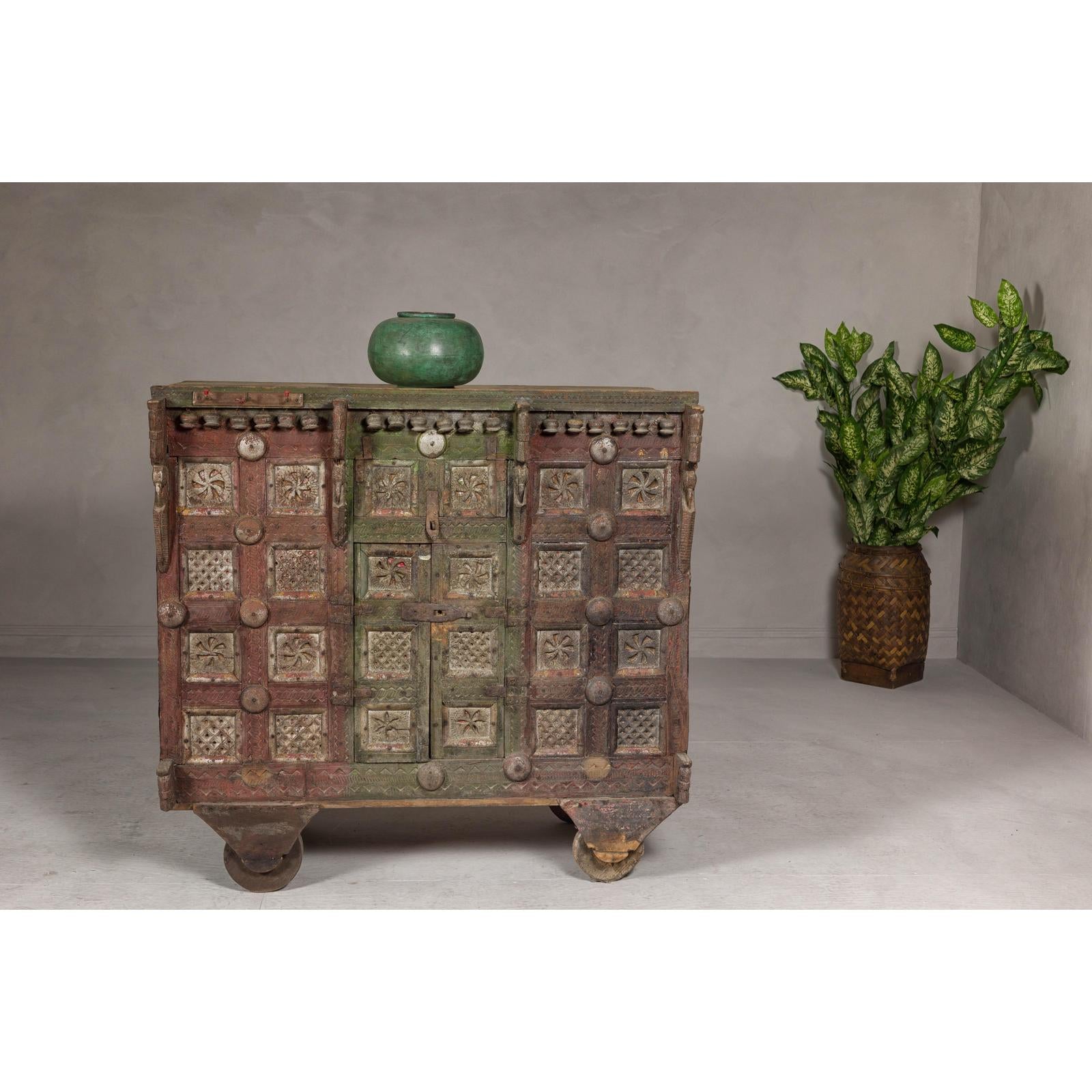 Indian Antique Carved Wooden Damachiya Dowry Cabinet on Wheels with Polychromy
