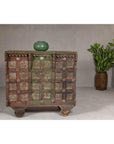 Indian Antique Carved Wooden Damachiya Dowry Cabinet on Wheels with Polychromy