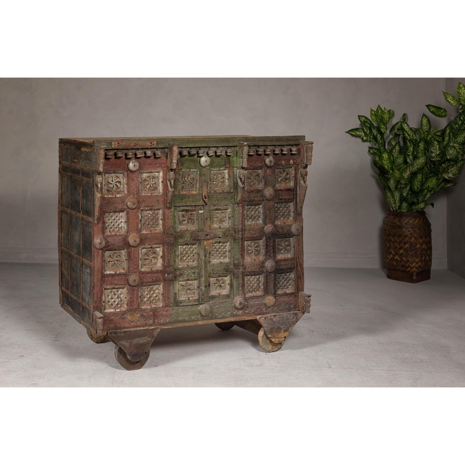 Indian Antique Carved Wooden Damachiya Dowry Cabinet on Wheels with Polychromy