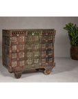 Indian Antique Carved Wooden Damachiya Dowry Cabinet on Wheels with Polychromy