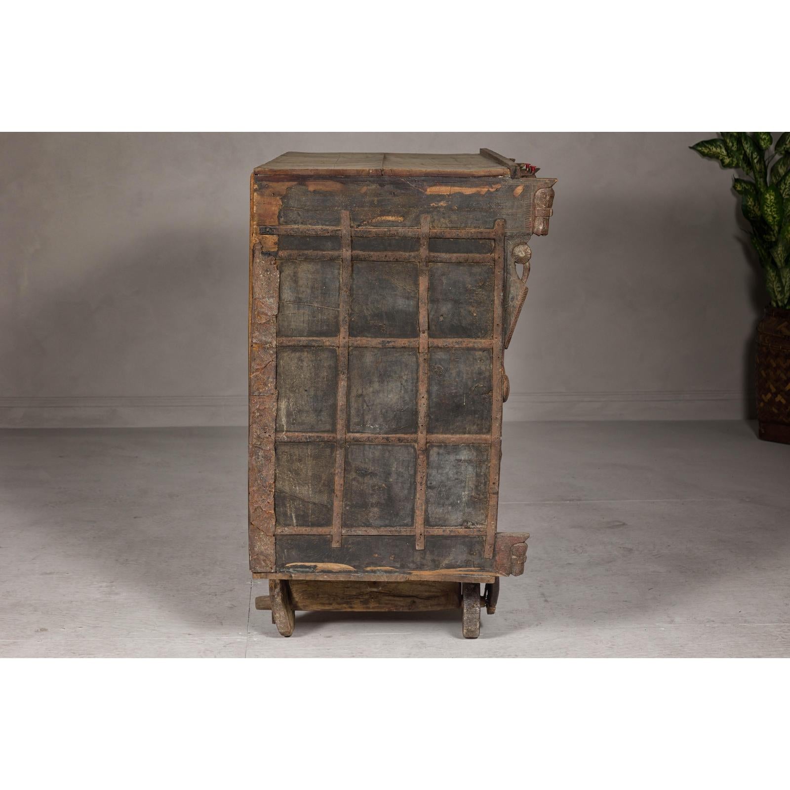 Indian Antique Carved Wooden Damachiya Dowry Cabinet on Wheels with Polychromy