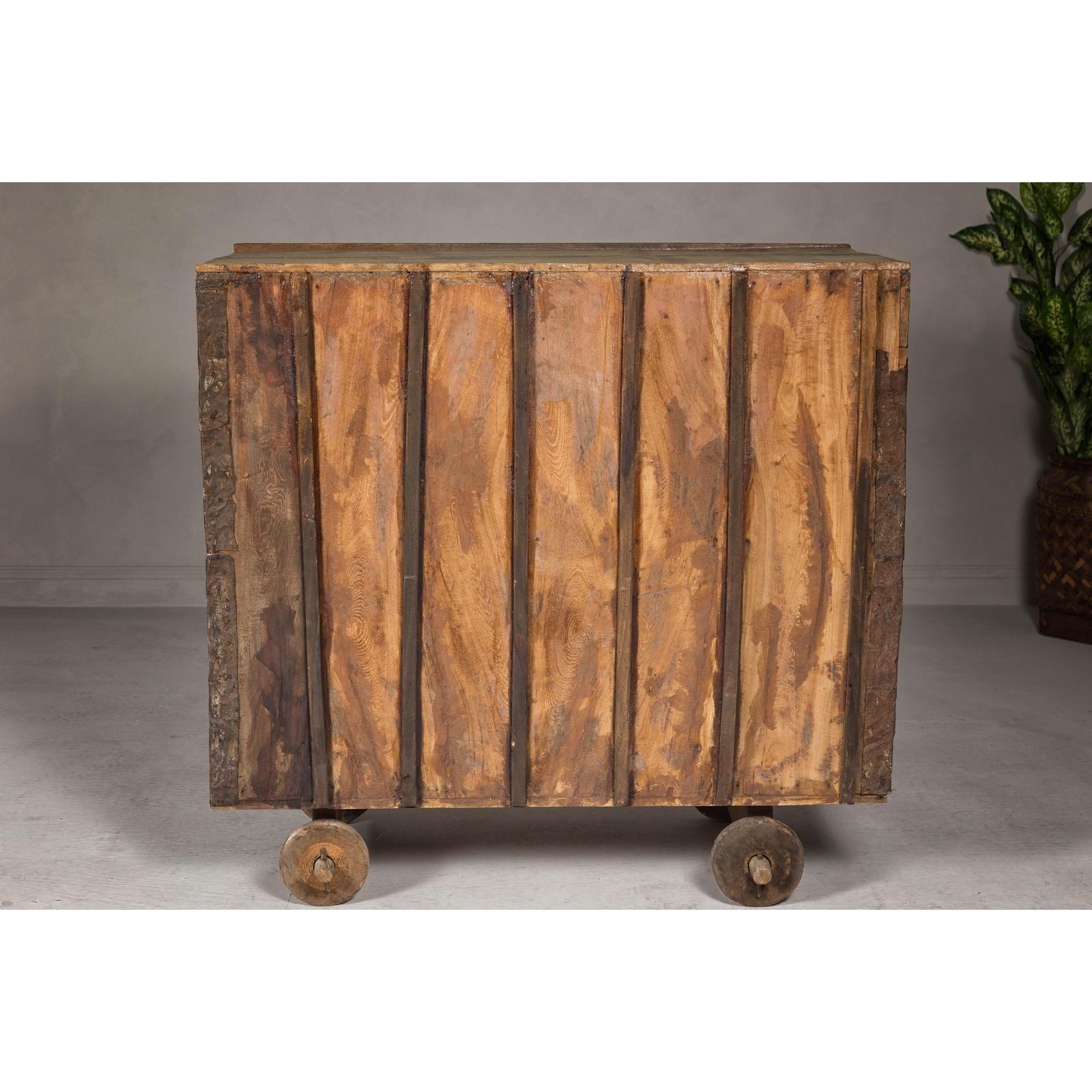 Indian Antique Carved Wooden Damachiya Dowry Cabinet on Wheels with Polychromy