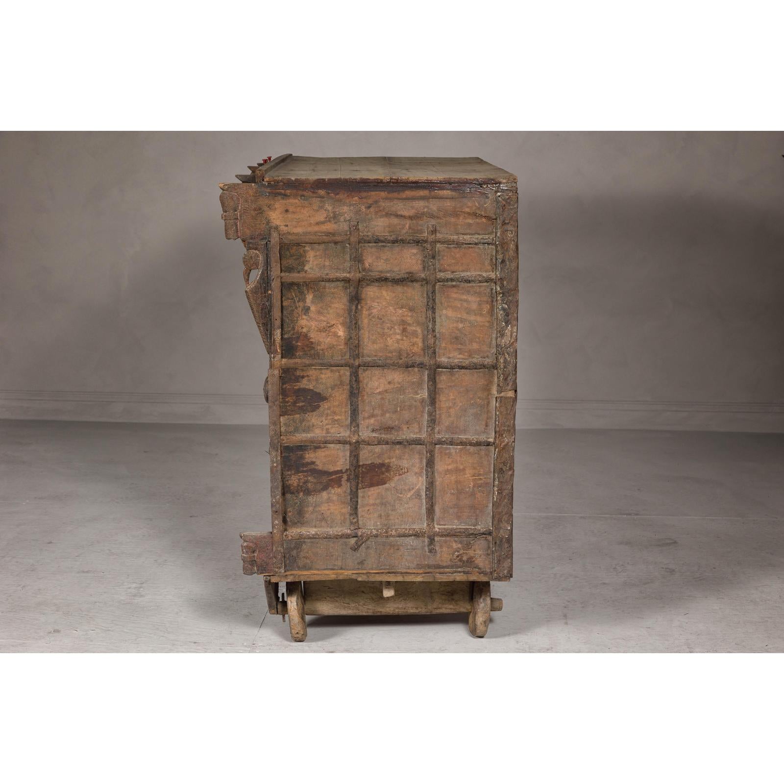 Indian Antique Carved Wooden Damachiya Dowry Cabinet on Wheels with Polychromy