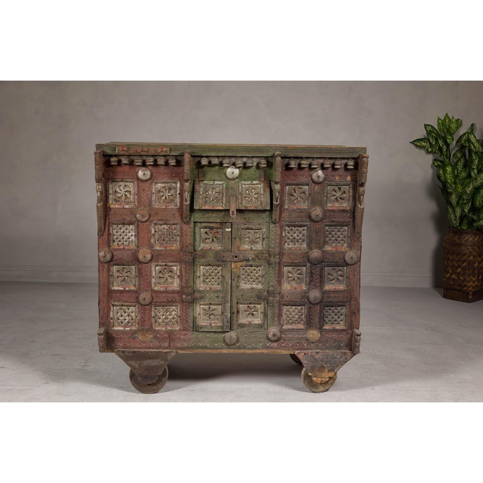 Indian Antique Carved Wooden Damachiya Dowry Cabinet on Wheels with Polychromy
