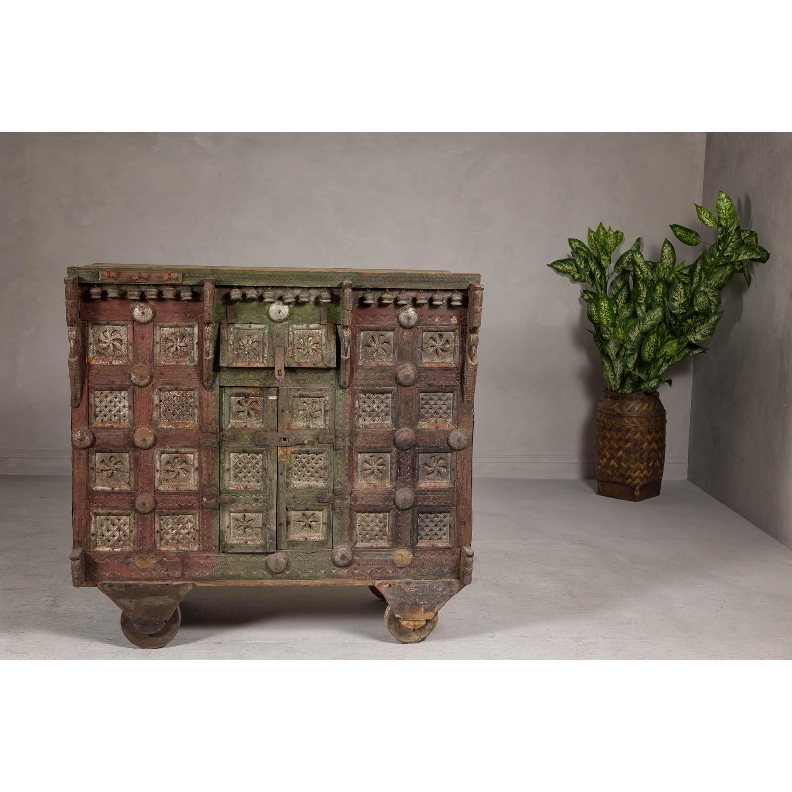 Indian Antique Carved Wooden Damachiya Dowry Cabinet on Wheels with Polychromy