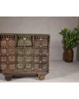 Indian Antique Carved Wooden Damachiya Dowry Cabinet on Wheels with Polychromy