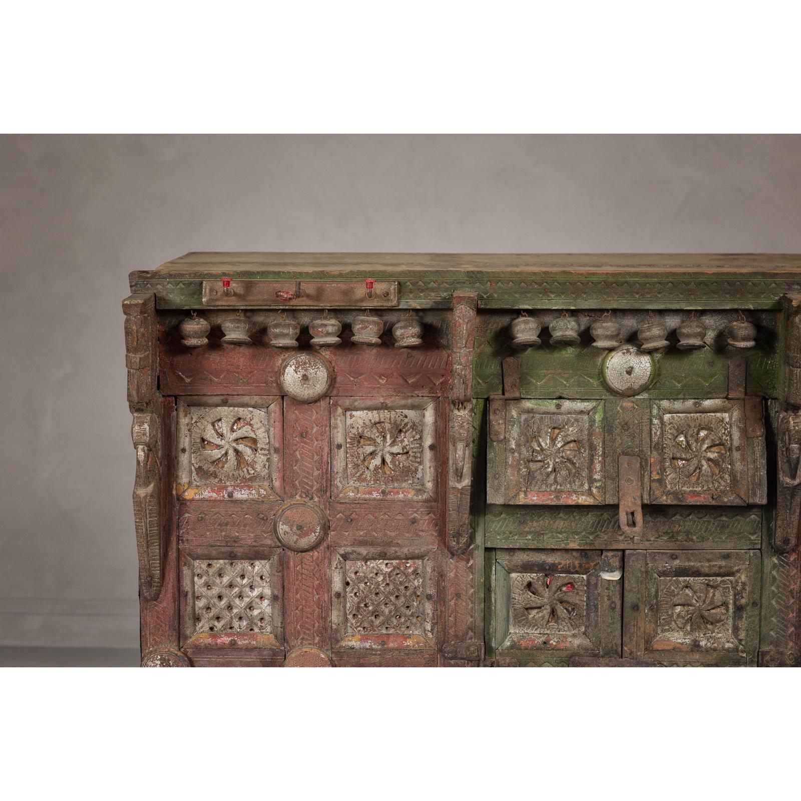 Indian Antique Carved Wooden Damachiya Dowry Cabinet on Wheels with Polychromy