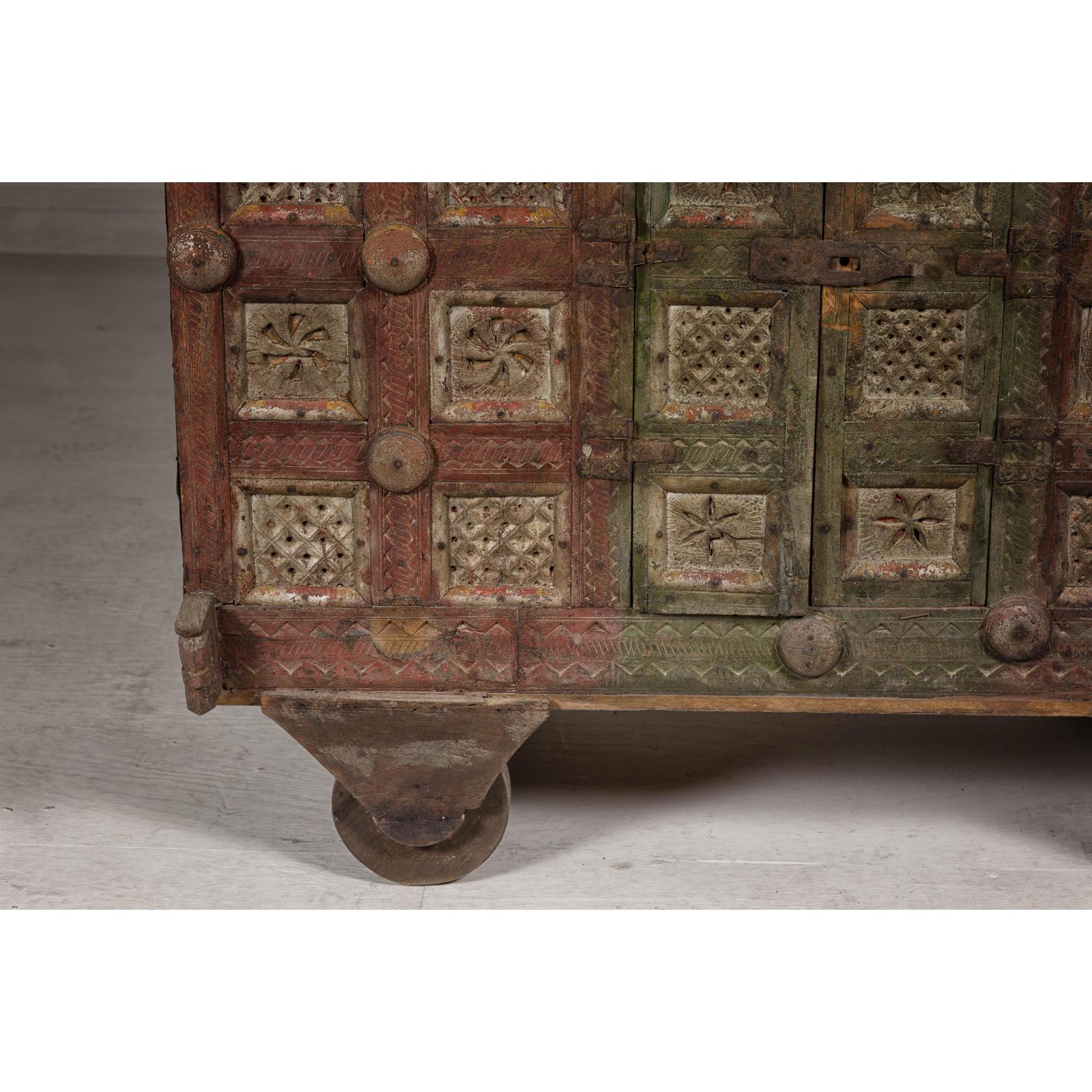 Indian Antique Carved Wooden Damachiya Dowry Cabinet on Wheels with Polychromy