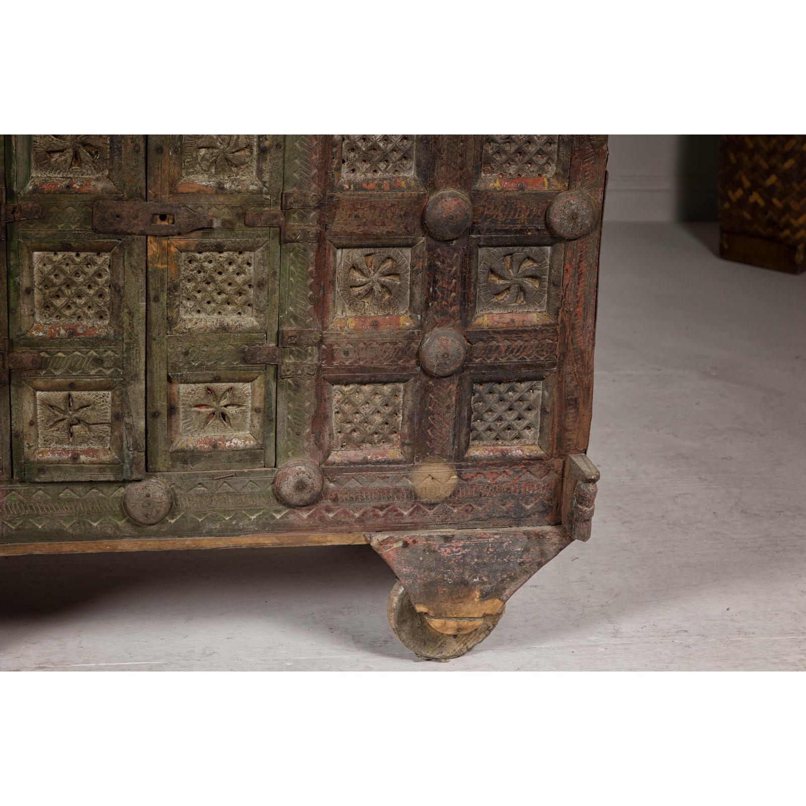Indian Antique Carved Wooden Damachiya Dowry Cabinet on Wheels with Polychromy