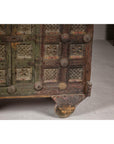 Indian Antique Carved Wooden Damachiya Dowry Cabinet on Wheels with Polychromy