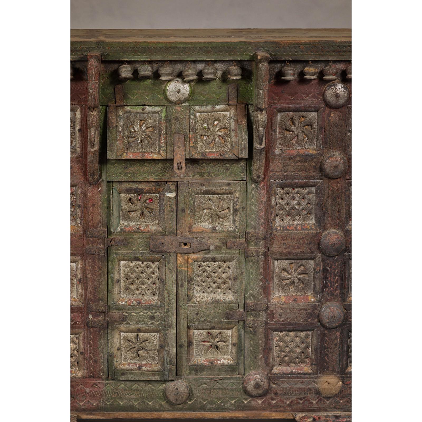 Indian Antique Carved Wooden Damachiya Dowry Cabinet on Wheels with Polychromy