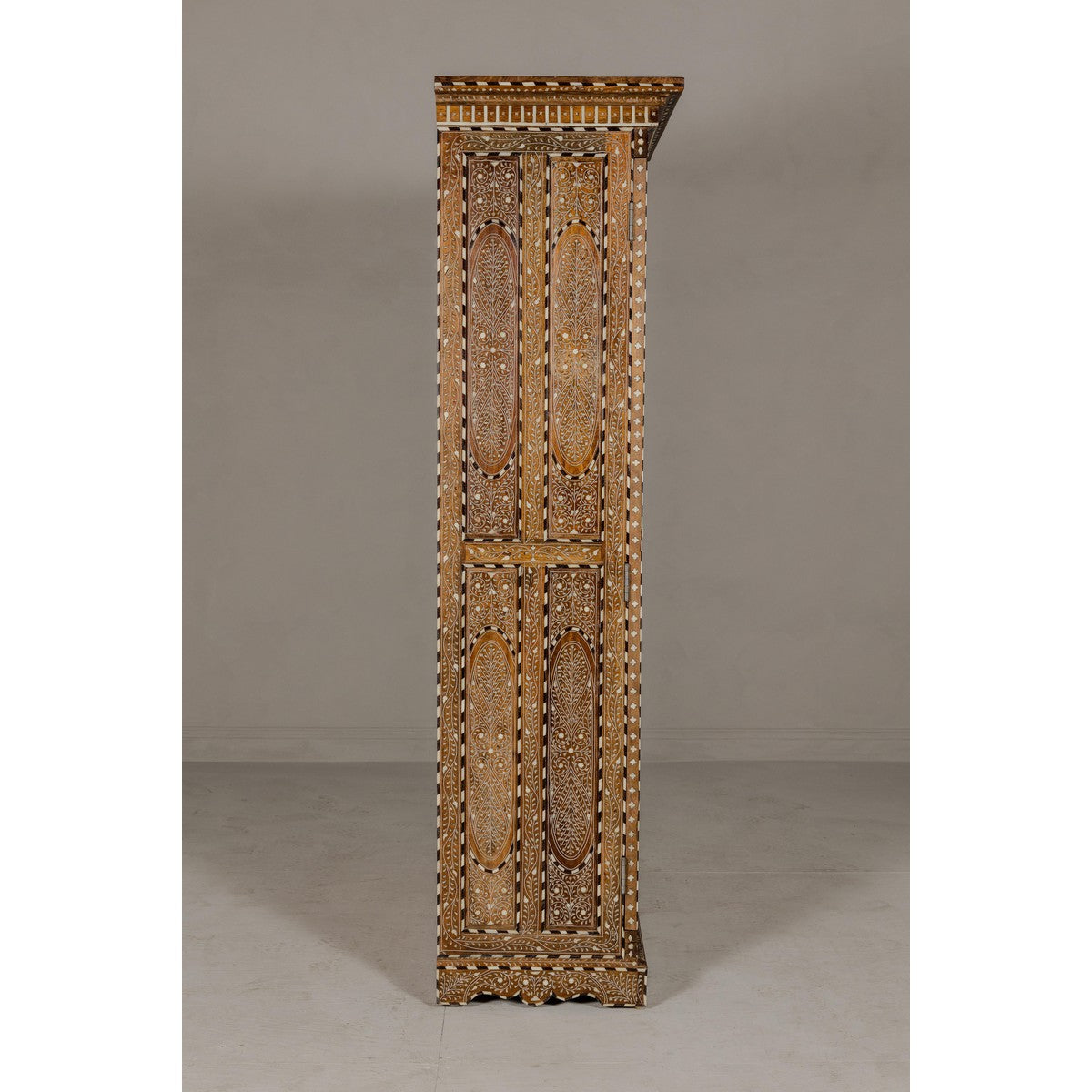 Anglo Indian Style Mango Wood Tall Cabinet with Floral Themed Bone Inlaid Décor-14. Asian & Chinese Furniture, Art, Antiques, Vintage Home Décor for sale at FEA Home
