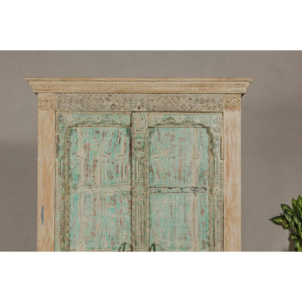 Reclaimed Wood Almirah Armoire with Weathered Green Patina and Three Shelves-7. Asian & Chinese Furniture, Art, Antiques, Vintage Home Décor for sale at FEA Home