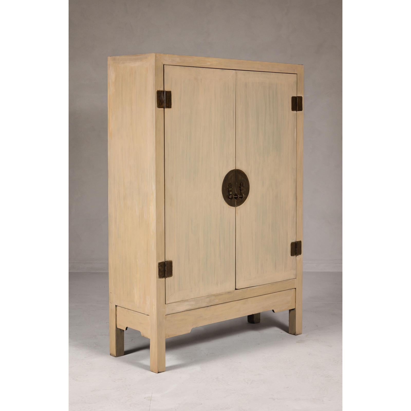 Large Cream Painted Cabinet with Brass Medallion Hardware