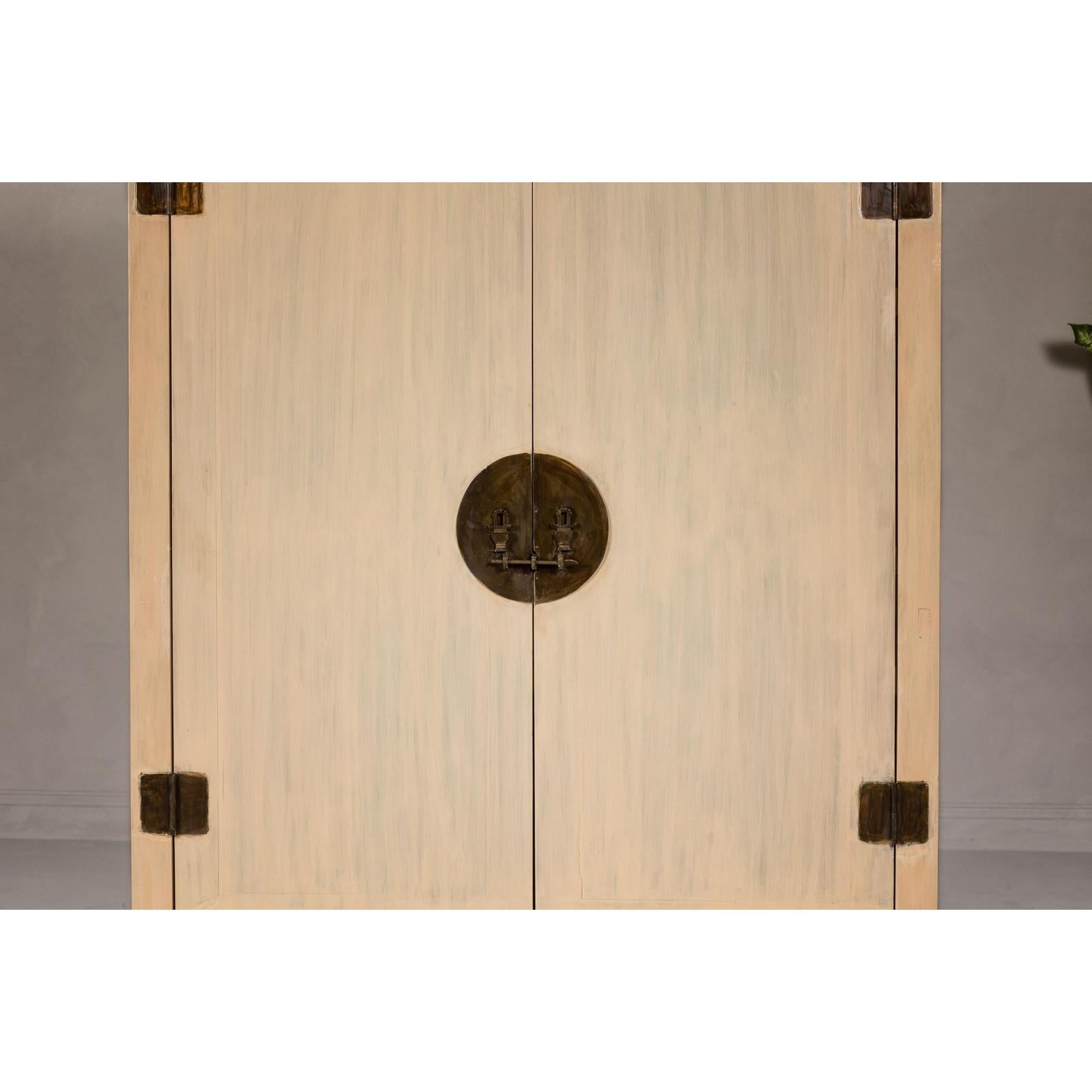 Large Cream Painted Cabinet with Brass Medallion Hardware