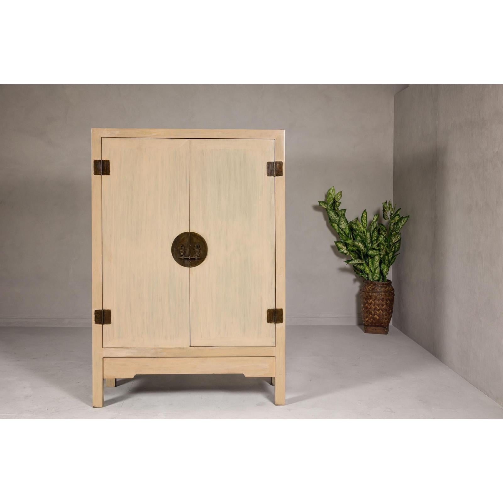 Large Cream Painted Cabinet with Brass Medallion Hardware