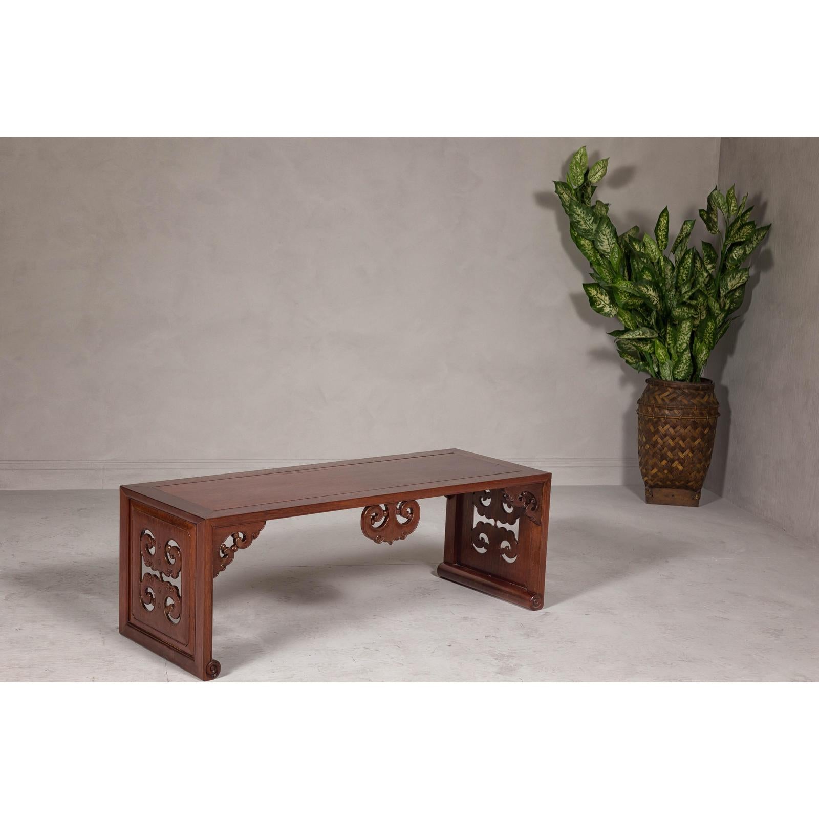 Rectangular Brown Table with Openwork Cloud Motifs