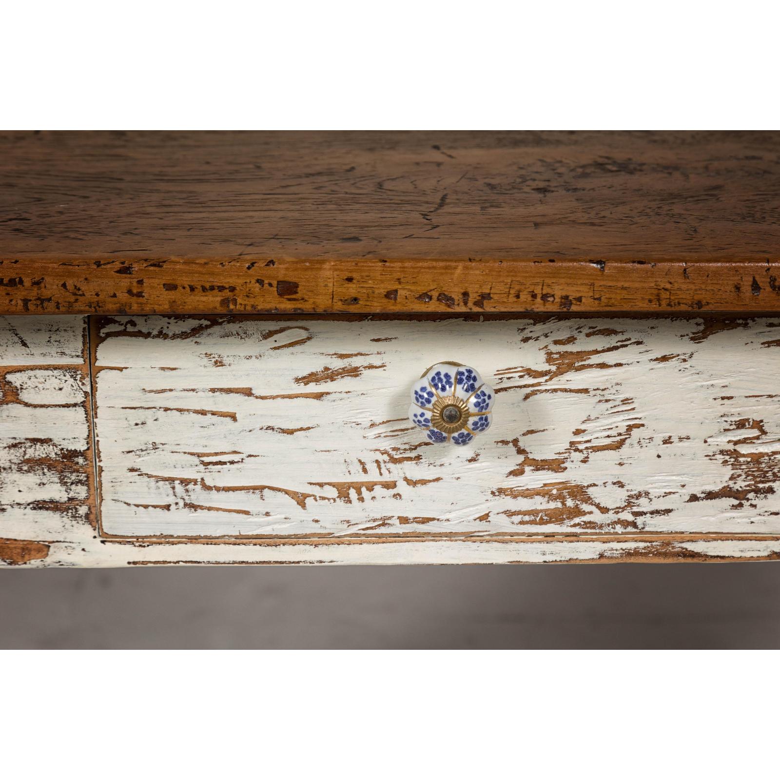 Farmhouse Chic White Distressed Sofa Table with Single Drawer and Tapered Legs