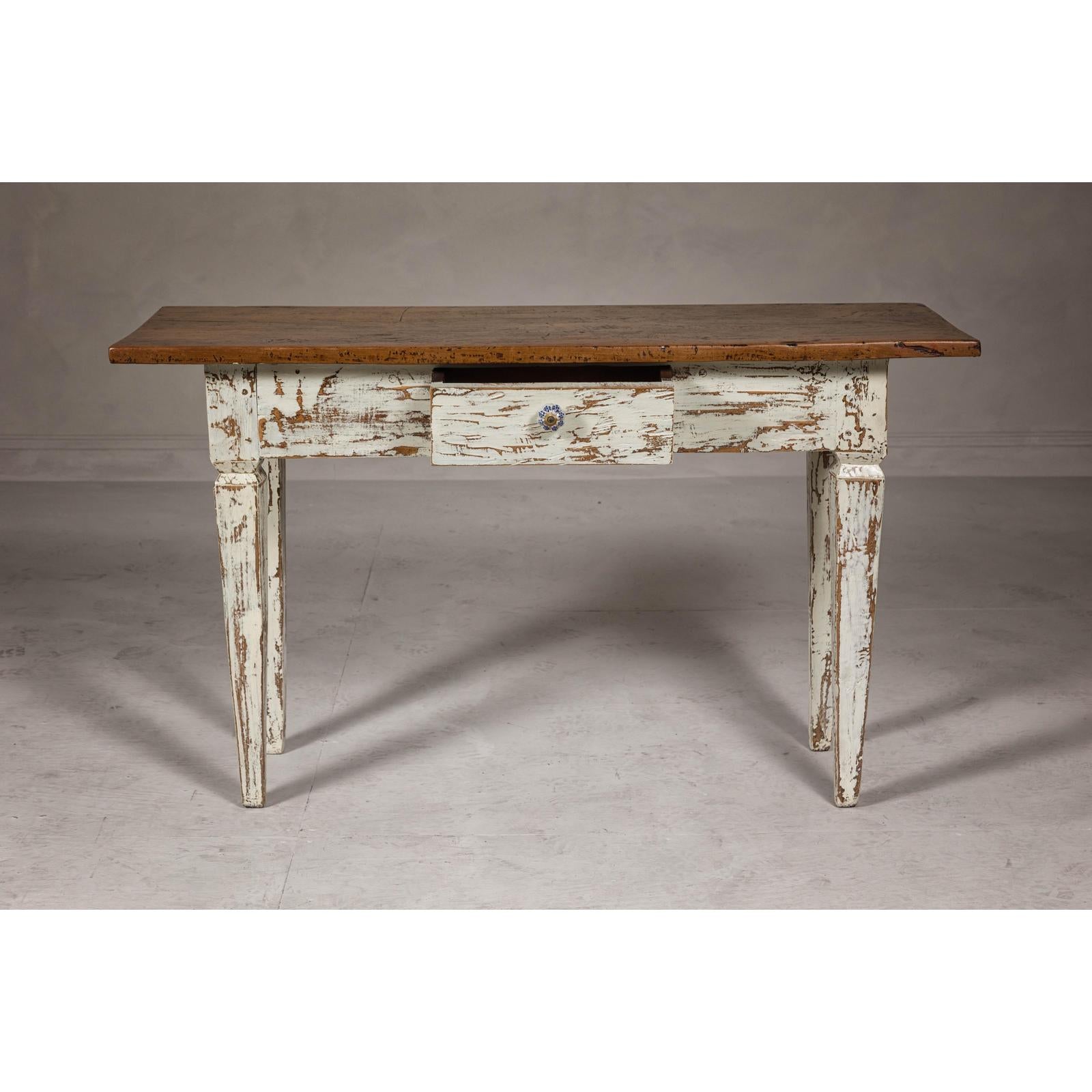 Farmhouse Chic White Distressed Sofa Table with Single Drawer and Tapered Legs