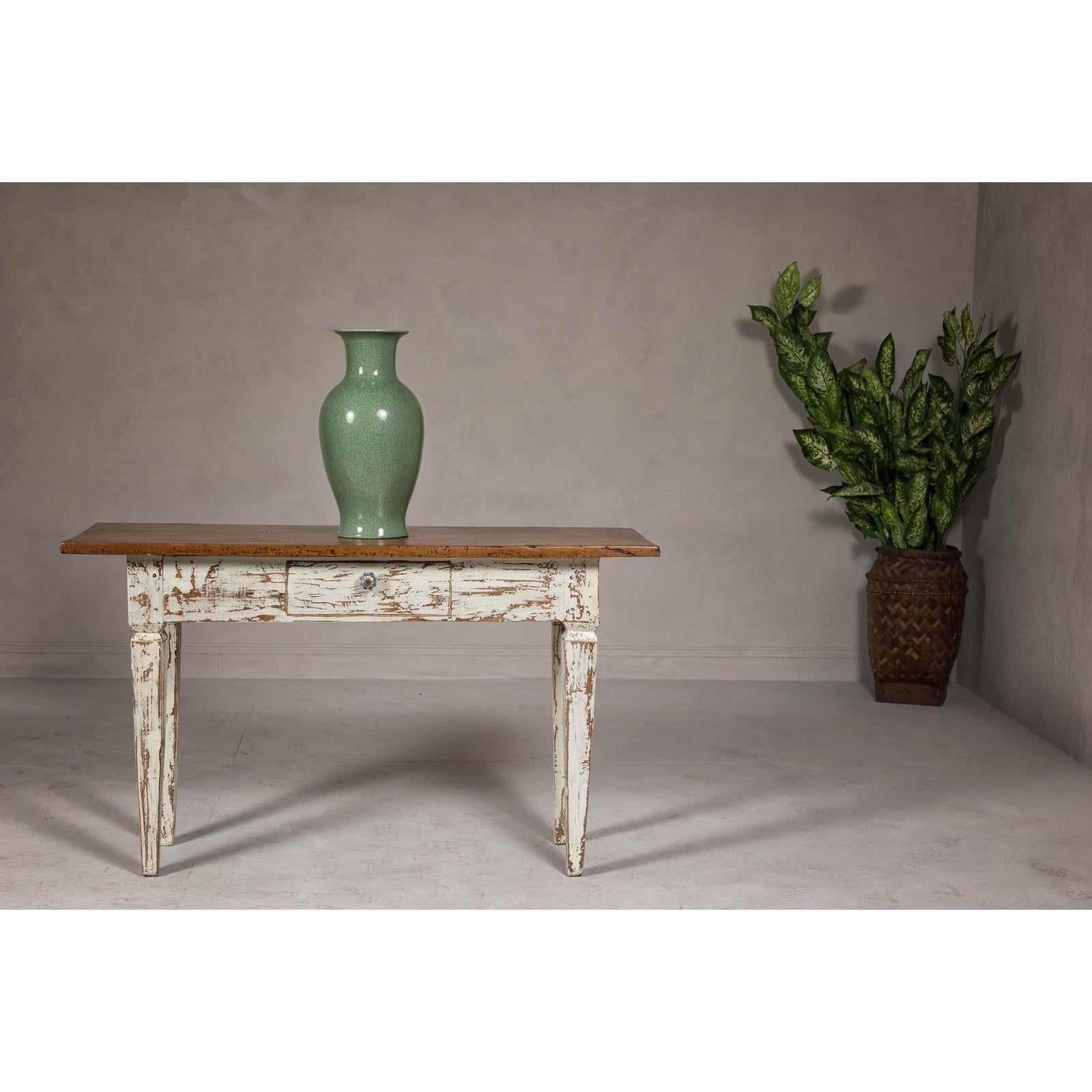 Farmhouse Chic White Distressed Sofa Table with Single Drawer and Tapered Legs