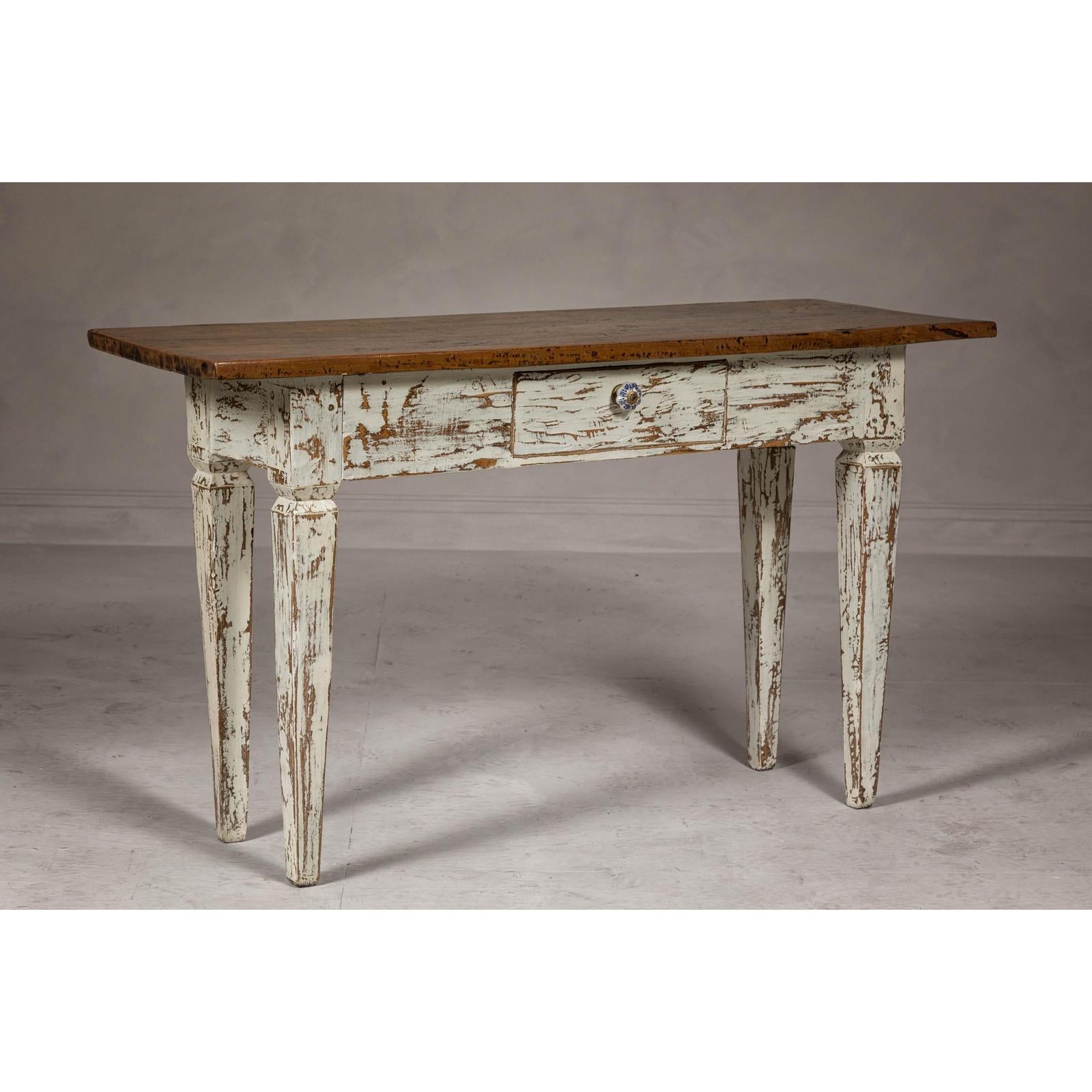 Farmhouse Chic White Distressed Sofa Table with Single Drawer and Tapered Legs