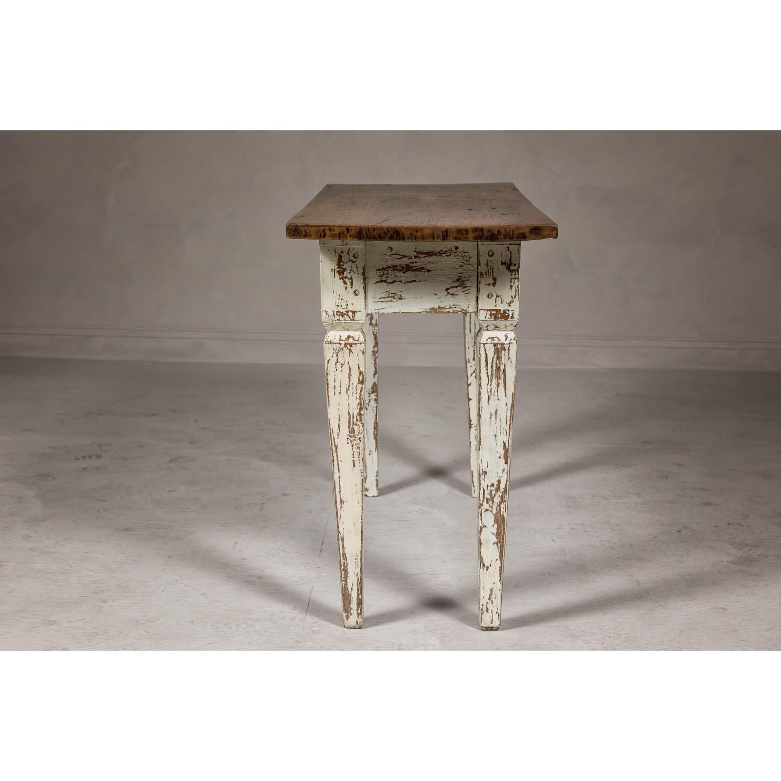 Farmhouse Chic White Distressed Sofa Table with Single Drawer and Tapered Legs