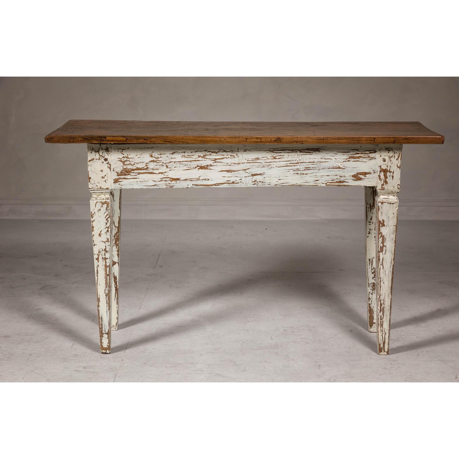 Farmhouse Chic White Distressed Sofa Table with Single Drawer and Tapered Legs