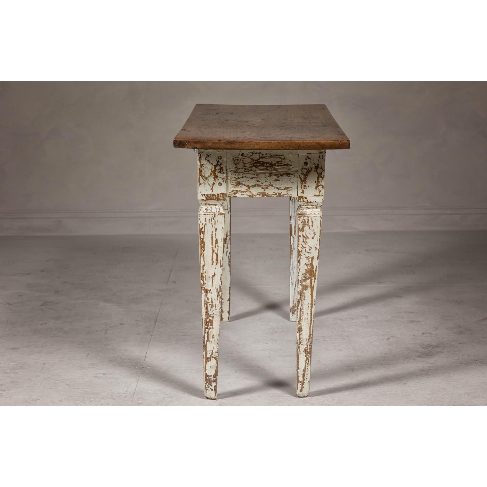 Farmhouse Chic White Distressed Sofa Table with Single Drawer and Tapered Legs