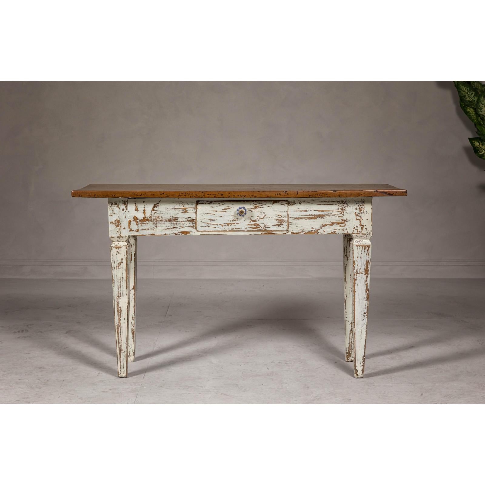 Farmhouse Chic White Distressed Sofa Table with Single Drawer and Tapered Legs