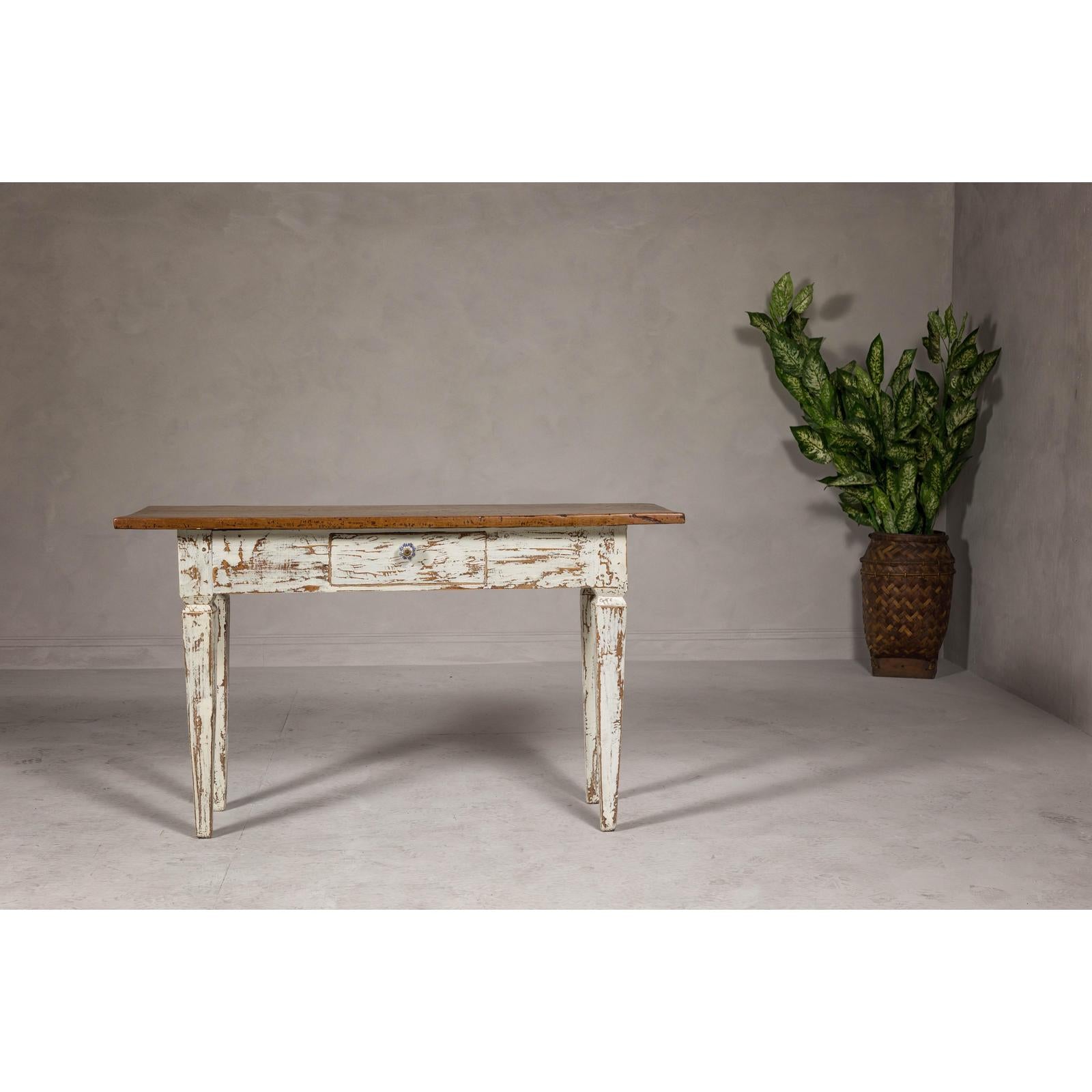 Farmhouse Chic White Distressed Sofa Table with Single Drawer and Tapered Legs