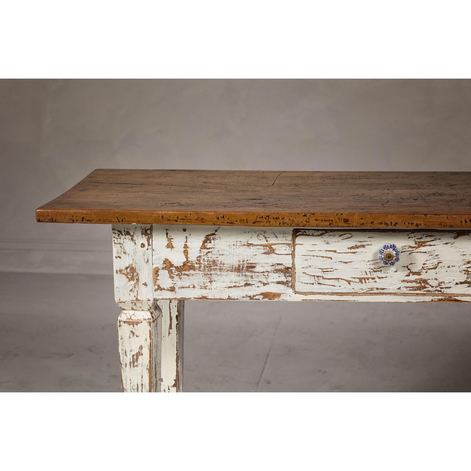Farmhouse Chic White Distressed Sofa Table with Single Drawer and Tapered Legs