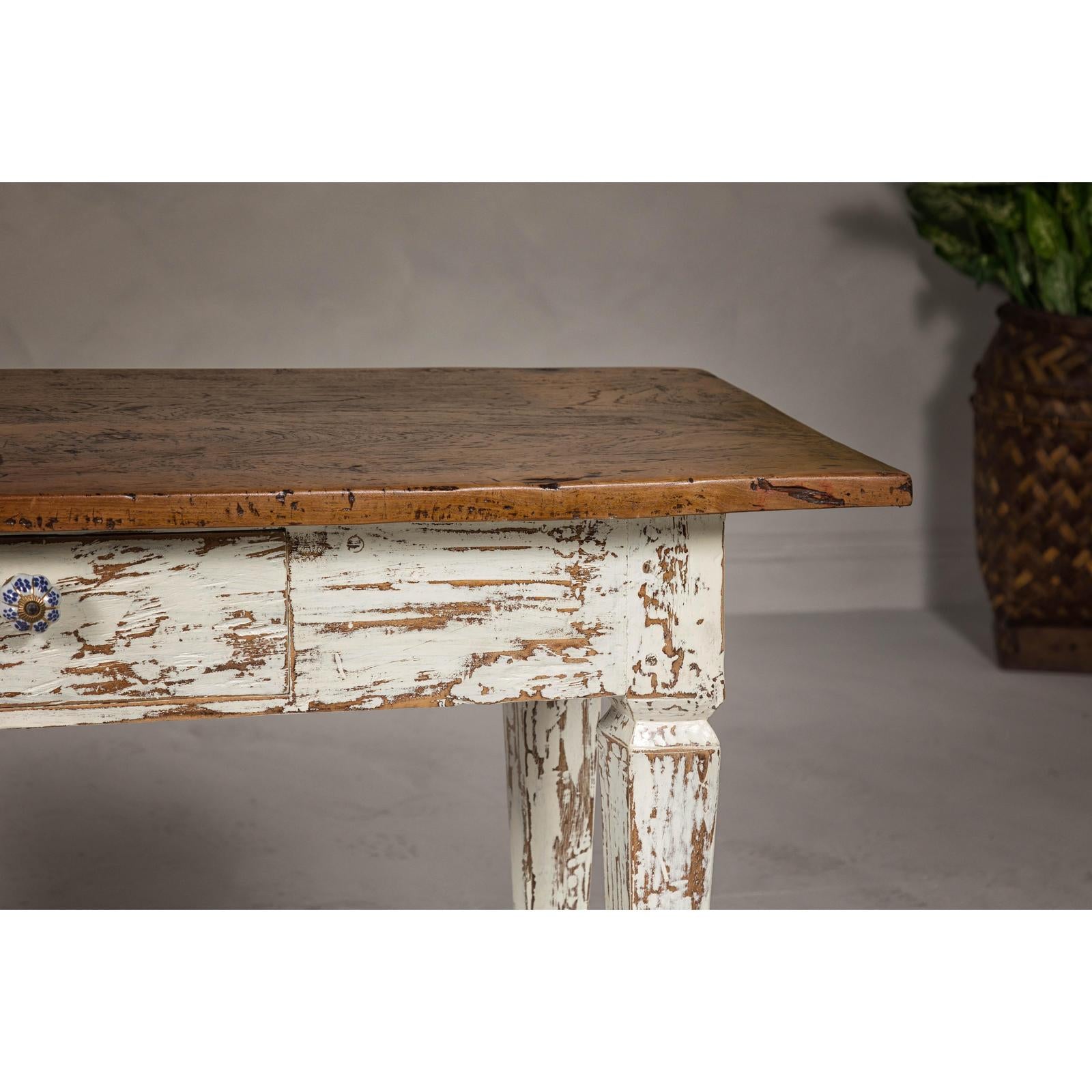 Farmhouse Chic White Distressed Sofa Table with Single Drawer and Tapered Legs