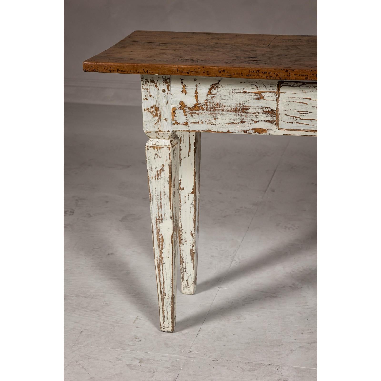 Farmhouse Chic White Distressed Sofa Table with Single Drawer and Tapered Legs