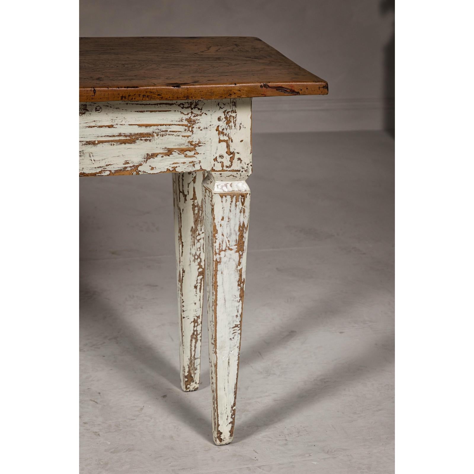 Farmhouse Chic White Distressed Sofa Table with Single Drawer and Tapered Legs