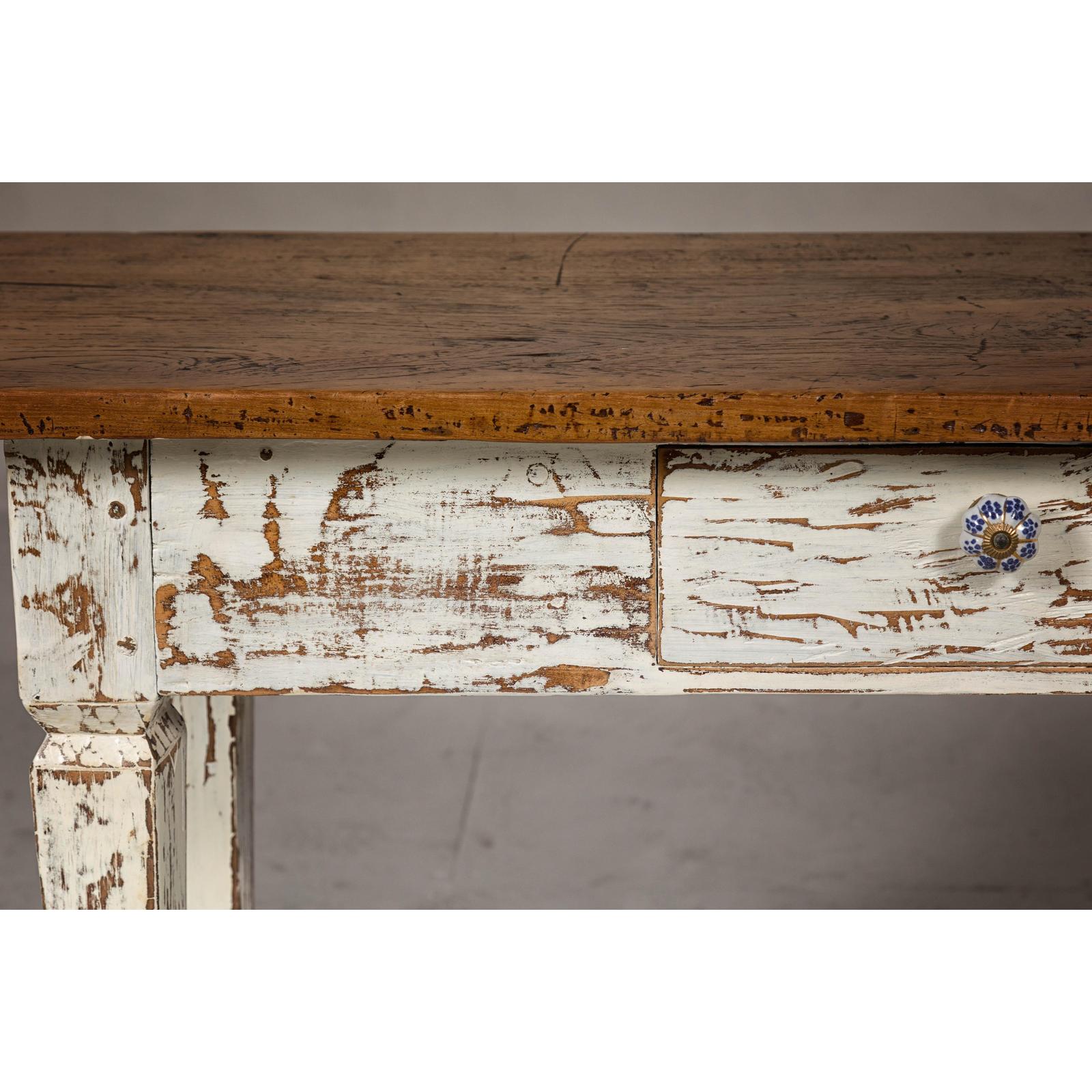 Farmhouse Chic White Distressed Sofa Table with Single Drawer and Tapered Legs