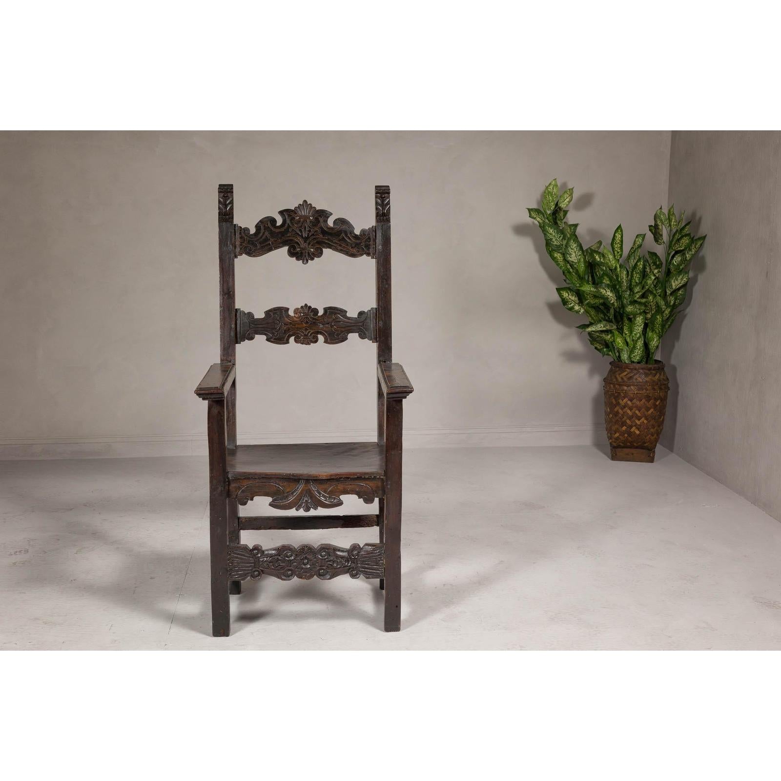 High Back Wooden "Throne Chair" with Carved Designs
