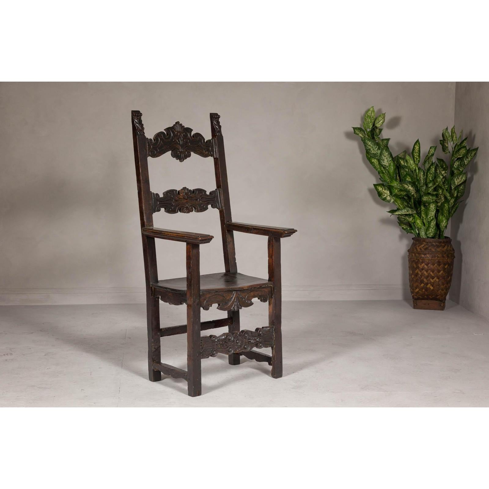 High Back Wooden "Throne Chair" with Carved Designs