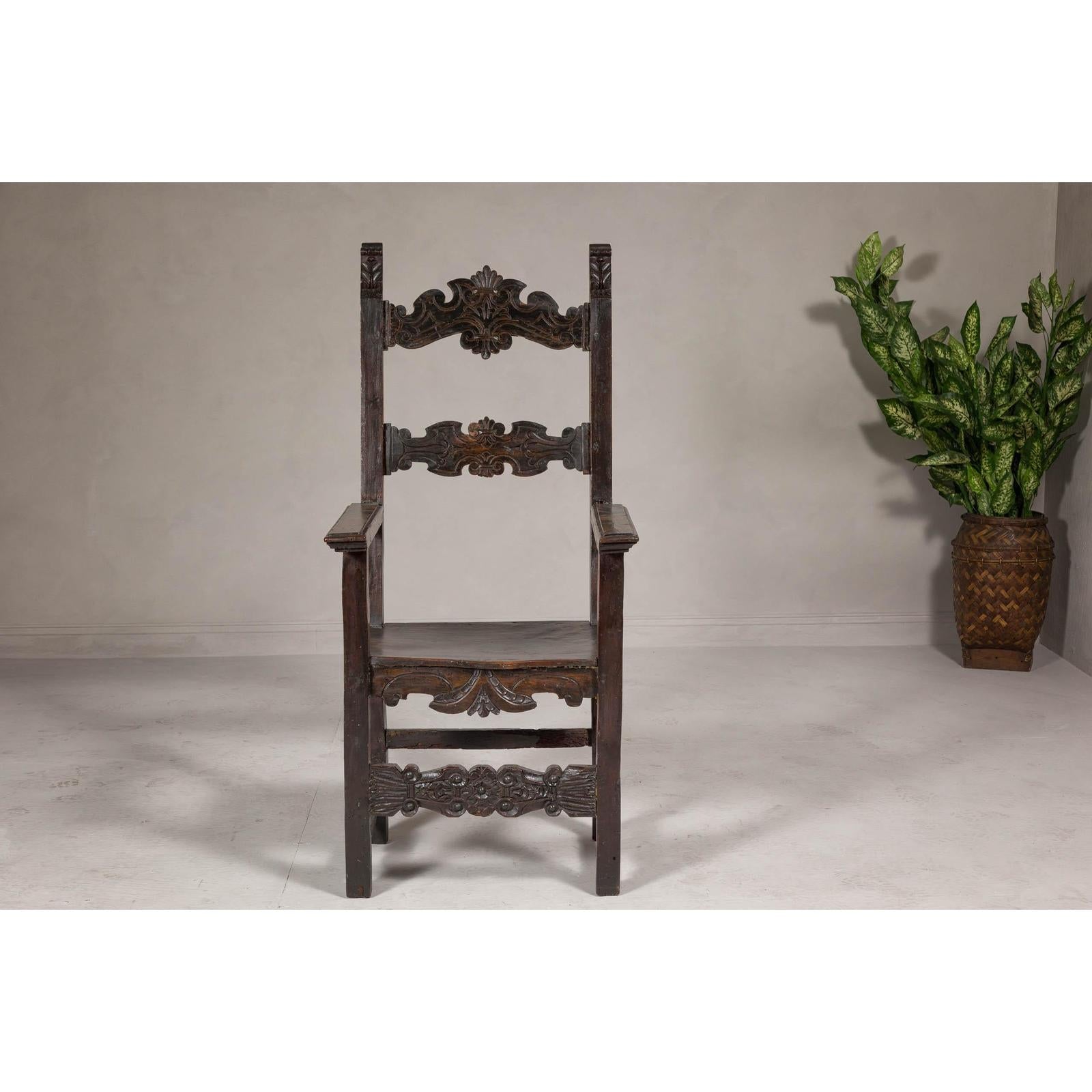 High Back Wooden "Throne Chair" with Carved Designs